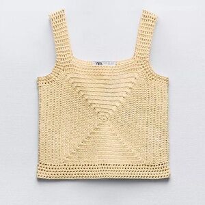 ZARA Butter Yellow Crochet Patchwork Square Neck Tank Top